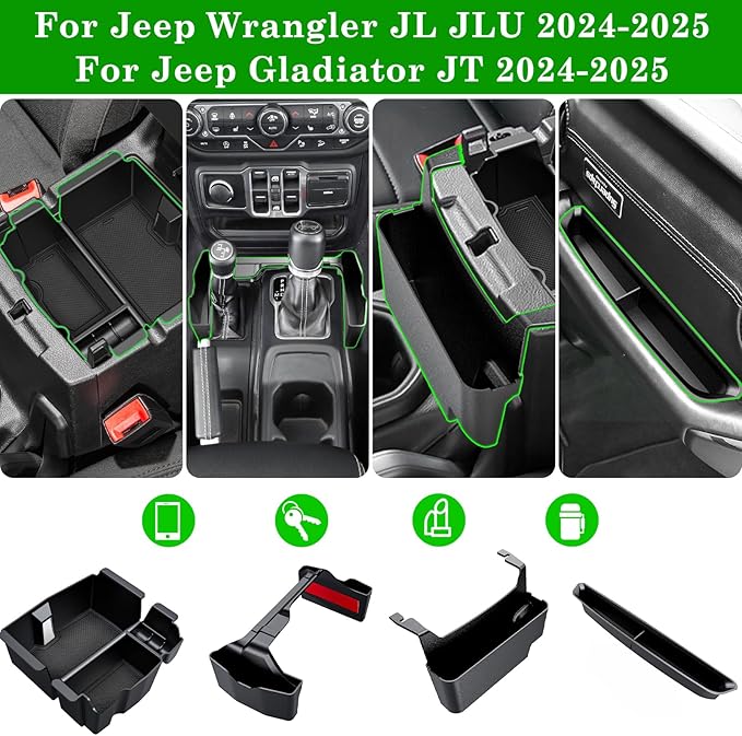4PCS Center Console Organizer for 2024 2025 2026 Jeep Wrangler JL JLU 4XE and Gladiator JT Accessories Gear Shift Side Tray Organizer,Hanging Armrest Storage Box