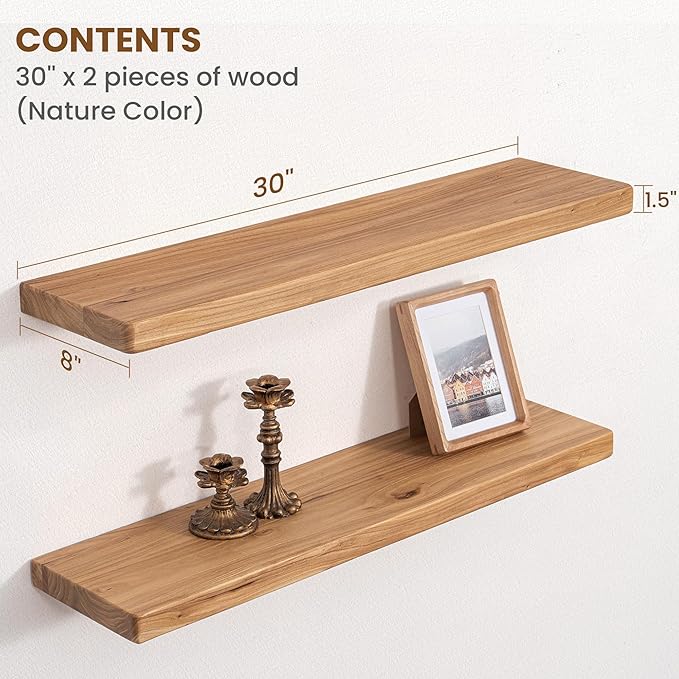 Floating Shelves for Wall, 30"Wx8"D Rustic Solid Elm Wood Floating Shelves Wall Mounted, Round Edge Wall Shelves with Invisib
