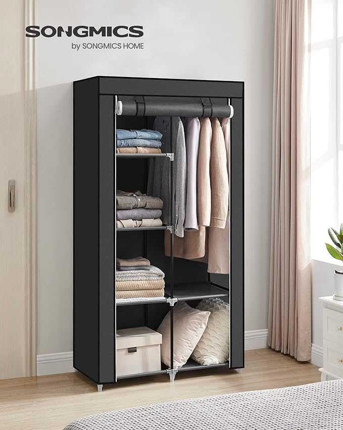 SONGMICS Portable Closet, Fabric Wardrobe, Clothes Rack with Shelves, Pockets, Large Capacity, 1 Hanging Rod, 34.6 x 17.7 x 6