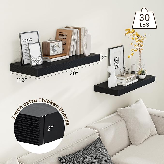 30 Inch Floating Shelves | 12 Inch Deep Black Floating Shelves Set of 2 | 30" W x 12" D Rustic Wood Shelves for Wall | Deep B