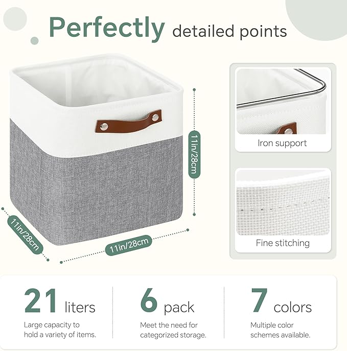 FinishingBo Cube Storage Baskets 6 Pack, 11x11 inch Cube Storage Bins with Leather Handles for Shelf Closet (White/ Gray)