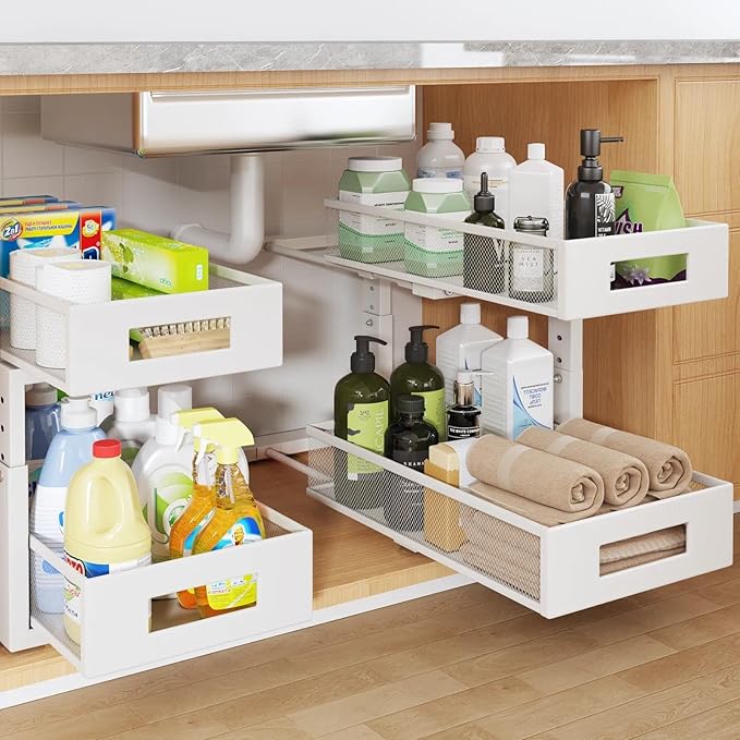 2 Packs 17IN Depth Under Sink Organizer, 2-Tier Pull Out Cabinet Organizer With Smooth Circular Rail, Large Capacity Metal Me
