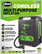 Slime 40085 Tire Inflator, Cordless, Multi-Purpose, Portable Air Compressor Pump, Auto Shut-Off, Lithium Ion Battery and LED Light, Rechargeable, 6 min Inflation
