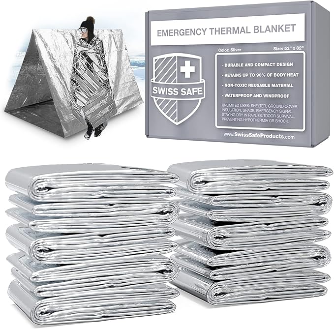 Swiss Safe Emergency Mylar Thermal Blankets + Bonus Space Blanket - Compact & Insulated for Cold Weather - Designed for NASA,