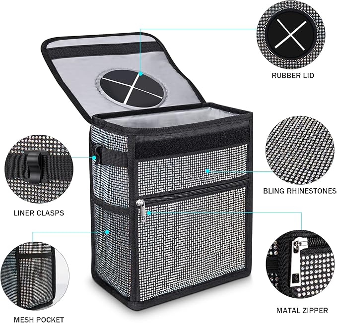 Ovege Car Trash Can Bling Accessories Interior Garbage Can with Lid Waterproof for Cars SUV (Large, 3 gallons)