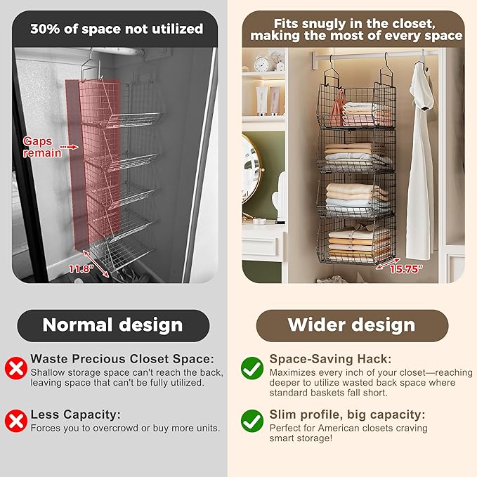 4" Extra Deeper Hanging Closet Organizers and Storage,4 Tier Foldable Wire Cabinet Shelves with 5 S Hooks,Small Metal Basket 
