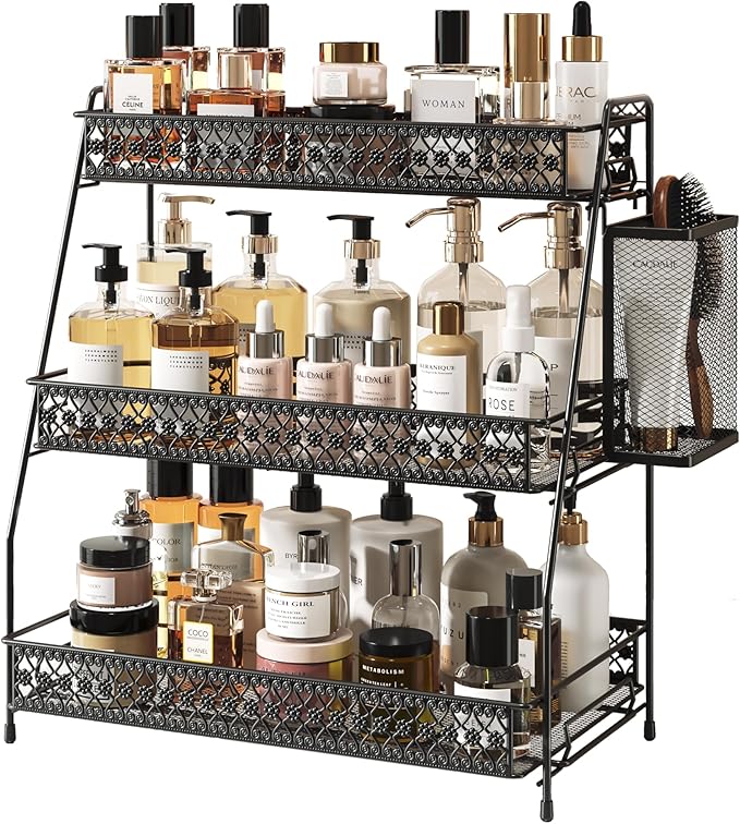Vintage 3 Tier Spice Rack Organizer for Kitchen Counter, Bathroom Counter Organizer with Bonus Basket, 3 Tier Bathroom Counte