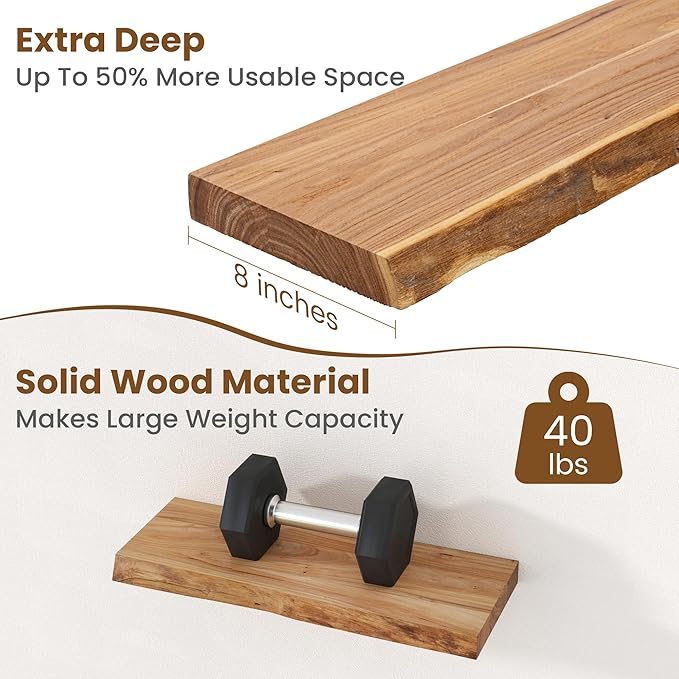 Floating Shelves for Wall Decor, Rustic Solid Elm Wood Live Edge Floating Shelves Wall Mounted, Wall Shelves with Invisible B