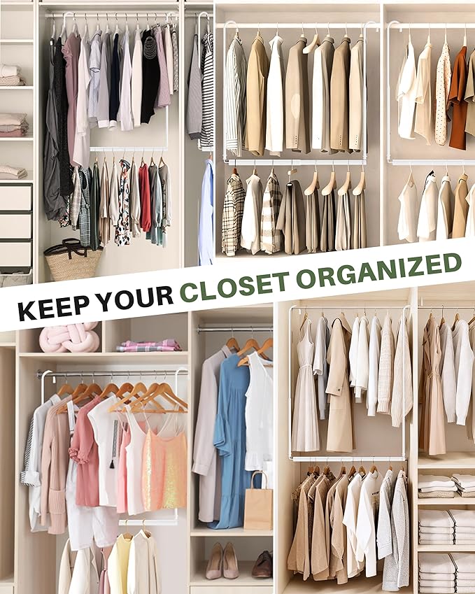 Hanging Closet Rod, 2 Pack Adjustable Height & Width Closet Rods for Hanging Clothes-Closet Extender Hanging Rod Space-Maximi