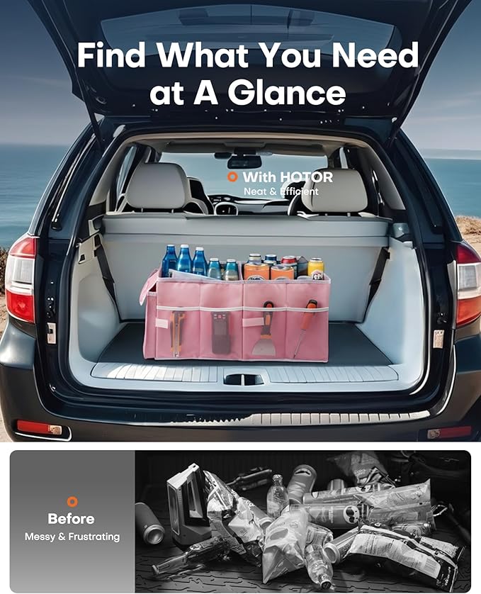HOTOR Foldable Trunk Organizer - SUV & Sedan Compatible, 2 Compartments, Pink, 23.6x14.2x10.6 Sturdy Car Organization