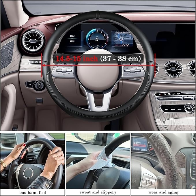 All Black Car Steering Wheel Cover, Nappa Leather, Bottom Color Blocking, Universal 14.5-15 Inch Leather Anti-Slip Breathable