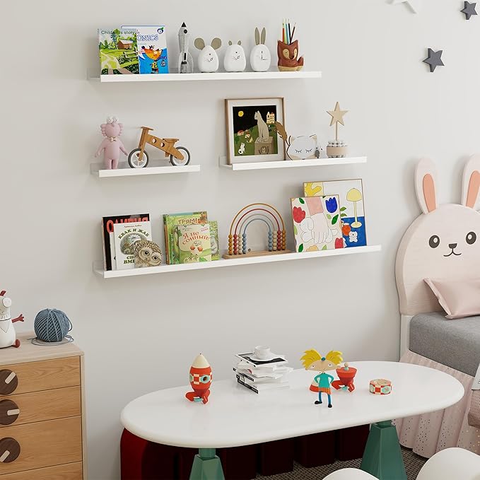 Fun Memories Picture Ledge Shelf, 48 Inch Long Floating Shelves Set of 6, Picture Shelf for Wall with Lip, Large Nursery Book