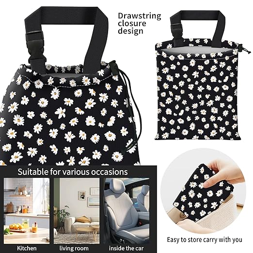 Car Trash Bag Large Hanging Can for Back of Seat, Cute Waterproof Car Garbage Bag for Vehicle, Travelling, Outdoor Cute White Black Flower