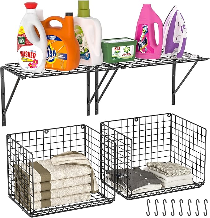 3IngSeagulls 2 Pack Laundry Room Shelves, Wire Baskets with 8 Hooks, Over Washer and Dryer Shelf, Wall Mounted Storage and Cl
