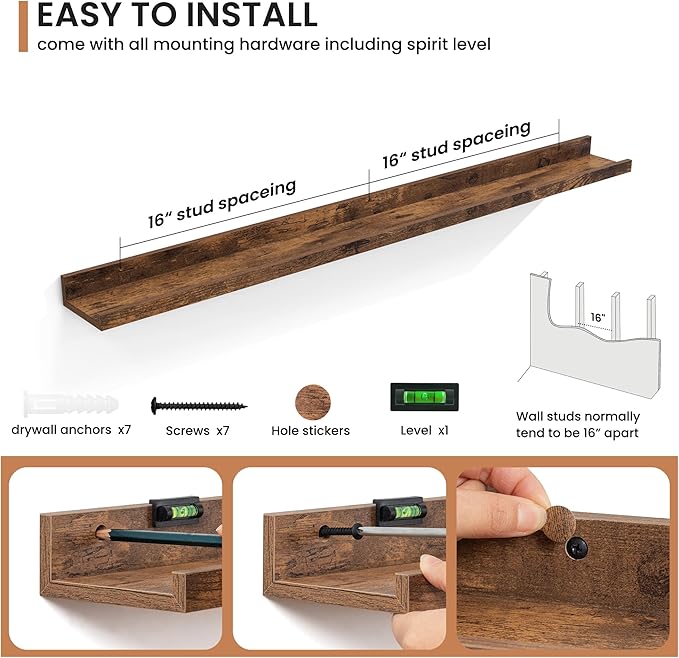 Fun Memories Picture Ledge Shelves Set of 2, 48 Inch Rustic Wall Mounted Floating Shelves with Lip for Home Storage and Décor