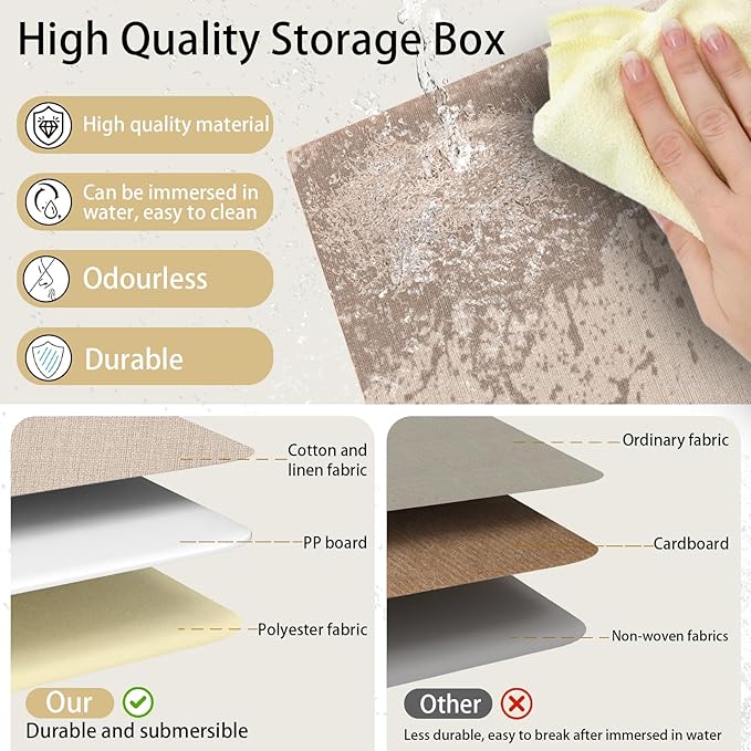 Yawinhe Fabric Storage Bins with Handles, Foldable Baskets for Shelves, Cubes with 3 Handles, Large Boxes for Clothes, Beige,