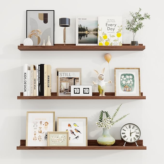 Axeman 30 Inch Floating Shelves | Walnut Picture Ledge Shelf Set of 3 | Rustic Wood Wall Shelves with Lip | 30" Walnut Pictur