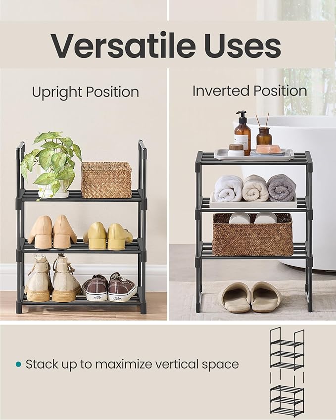 SONGMICS Shoe Rack, 3-Tier Shoe Organizer, Metal Storage Shelf, Upright or Upside Down, for 4-8 Pairs, Stackable, for Entrywa