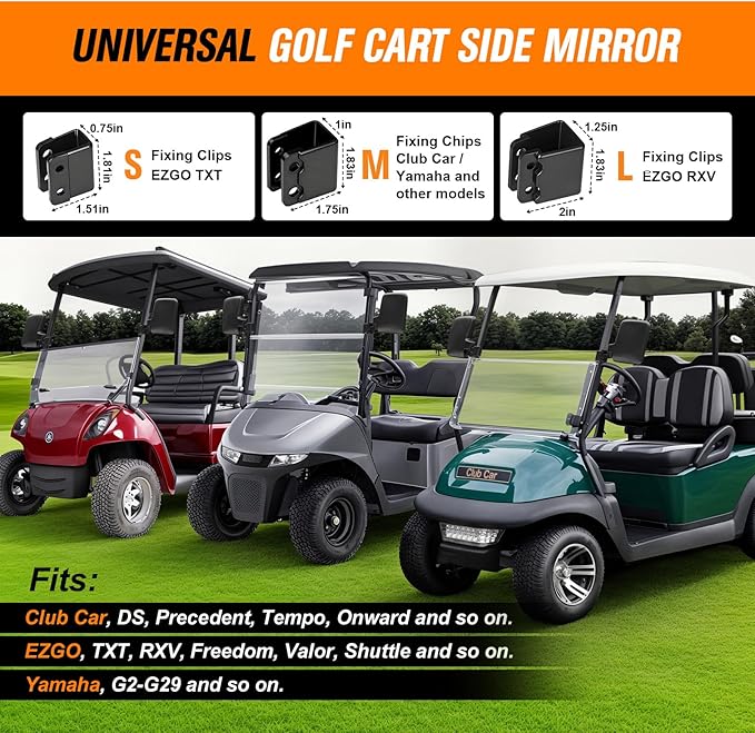 Golf Cart Mirrors, No Drilling Golf Cart Side Mirrors for Club Car EZGO YAMAHA and Others Square Tube Carts Roof Bracket(0.75/1/1.25 inch), Durable Anti-Shudder, 180 Degree Rotation