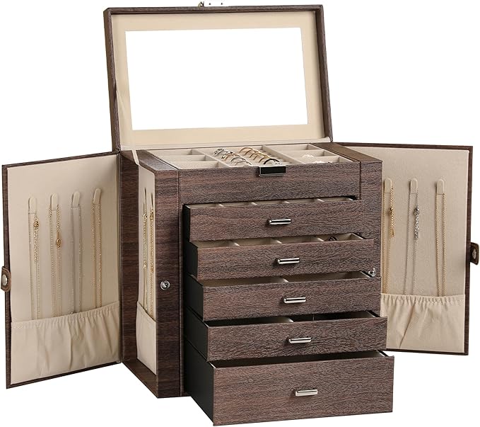 Frebeauty Large Jewelry Box,6-Tier PU Leather Jewelry Organizer,Multi-functional Storage Case with Mirror,Accessories Holder 