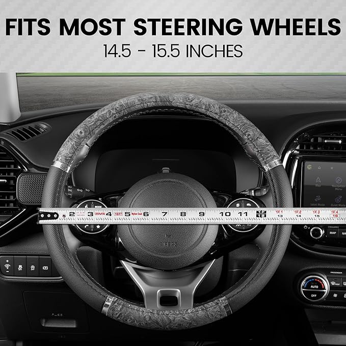 BDK Chrome Wood Grain Black & Gray Steering Wheel Cover for Cars, Trucks, Van, SUVs - Elegant and Comfortable Grip Accessorie