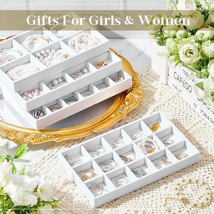 Junkin 12 Pcs Jewelry Tray Velvet Stackable Jewelry Organizer Trays Divided Earring Accessories Storage Containers Box (Rose 
