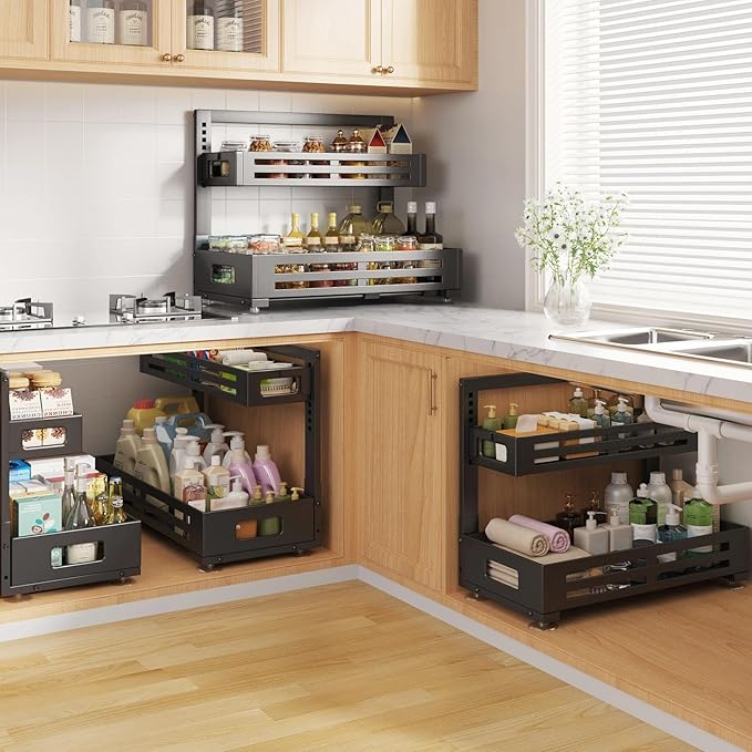 2 Pack 21IN-Depth Under Sink Organizer,Pull Out Cabinet Organizer With Smooth Cylindrical Rail,Metal Slide Out Drawer for Kit