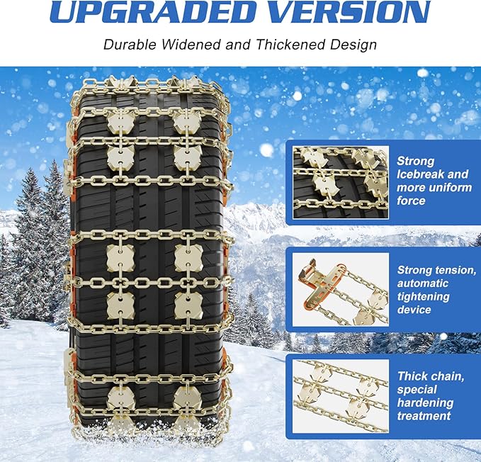 LILYPELLE Upgraded Snow Chains 8 Pack, Tire Chains for Cars/SUVs/Pickup Trucks, Emergency Anti Slip Tire Traction Chains for 