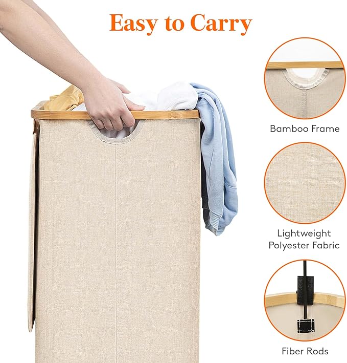 Lifewit 80L Laundry Basket with Lid, Clothes Hampers for Laundry with Bamboo Handles and 1 Removable Bag, Large Foldable Laun