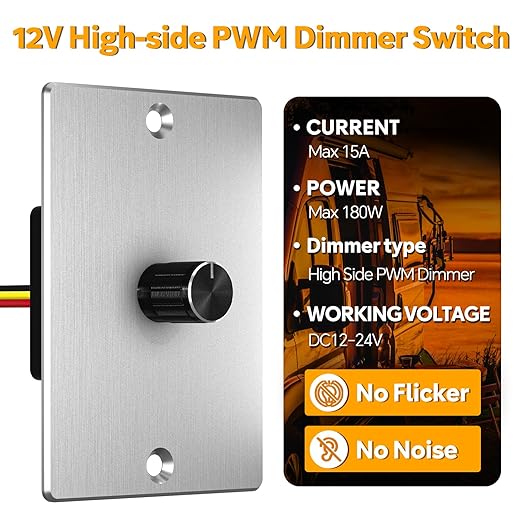 12 Volt PWM LED Dimmer Switch 15A 180W, Push On/Off, Rotary Knob Dimming,12V/24V Light Dimmer for RV Boat Truck Camper Van Trailer Light Fixture, LED Strip Lights (High Side, Silver Panel)