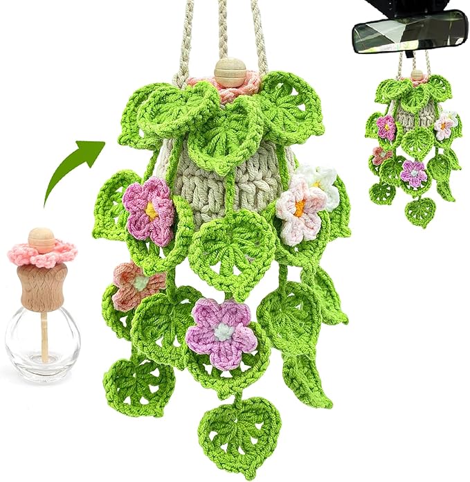 Crochet Car Air Freshener, 15ml Empty Refillable Oil Diffuser Bottle with Hanging Crochet Flowers Plant for Car Rearview Mirr