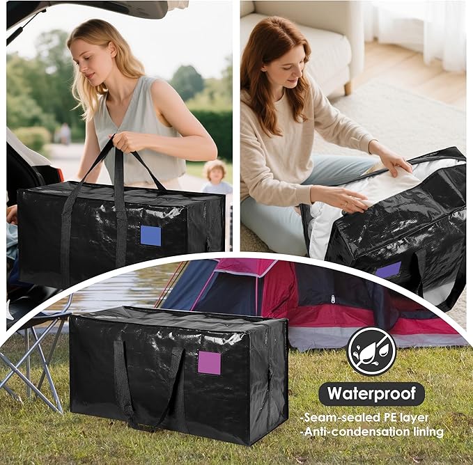 6 Pack Moving Bags with Full-Open Side Zipper, Extra Large 93L Heavy Duty Waterproof Foldable Storage Totes for College Dorm,