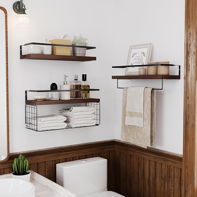 Wood Floating Shelves Wall Mounted - 3+1 Tier Rustic Bathroom Shelves Over Toilet with Wire Storage Basket &Towel Bar, Set of
