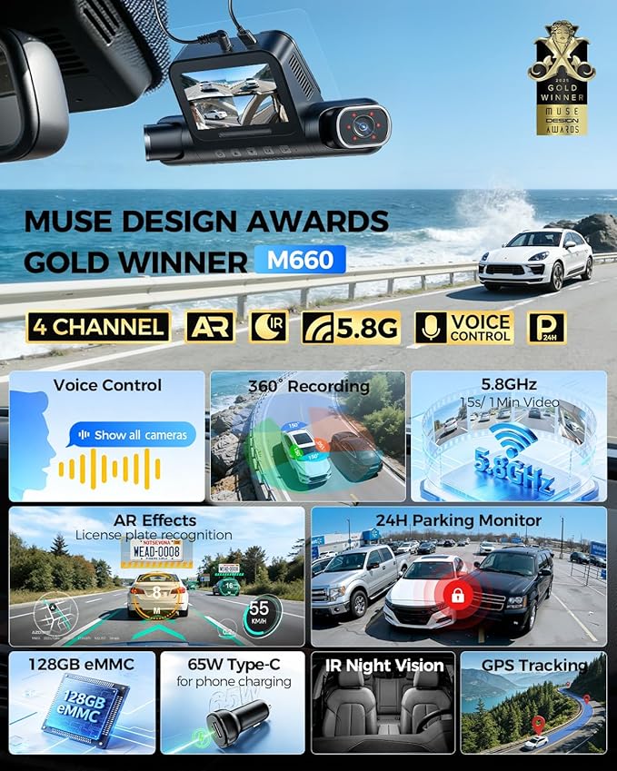 AZDOME 360° 4 Channel Dash Cam Front and Rear Inside, Built-in 128GB eMMC, 2K+1080P*3 Dashcam, Left Right, Voice Control, 5G 
