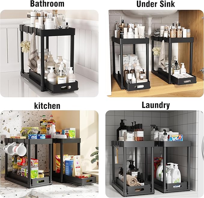 2 Pack Pull-Out Storage Organizers, Under Sink Organizer and Storage for Bathroom & Kitchen,Multi-Purpose Under Cabinet Organ