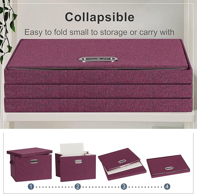 Graciadeco Large 17" 36 Quart Collapsible Stackable Storage Bins with Lids, 3 Packs Purple Linen Fabric Closet Boxes with Lid