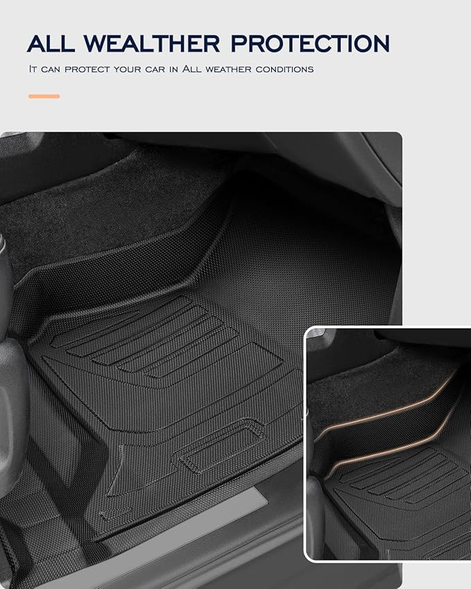 All Weather Floor Mats 2014-2018 for Chevy Silverado & GMC Sierra 1500, 2015-2019 2500HD 3500 HD, Only Crew Cab & Front Center Console & Bucket Seat, Waterproof TPE Rubber Car Accessories