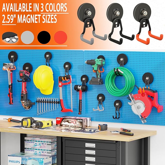 ULIBERMAGNET Upgraded Heavy Duty Magnetic Hooks,4 Pack Strong Large Magnet Hook for Power Drill,Garden Tools,Hose,Pegboard,Ga