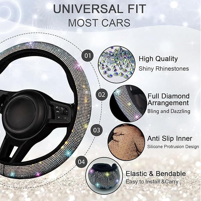 NBTEPEM 30 Pcs Multicolor Bling Car Accessories Set for Women, Steering Wheel Cover Set, Bling Console Cover, Seat Belt Cushion, Shift Knob Cushion, Cup Coaster, Rhinestone Car Hanging Accessories