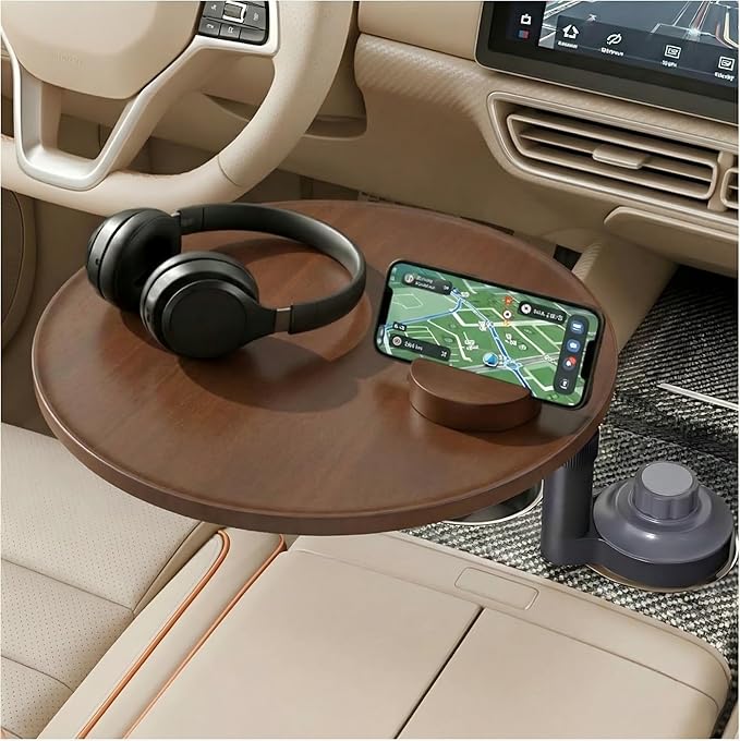 Car Desk for Laptop & Car Table Tray, Height-Adjustable 360° Rotating Wood Car Laptop Mount, Cup Holder Table, Steering Wheel Tray, Compatible with Tesla & Most Vehicles