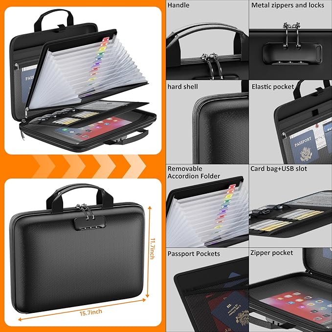 Fireproof File Organizer with Lock, Hard Case Fireproof Document Box with 13 Pockets Accordion File Folder, Important Documen