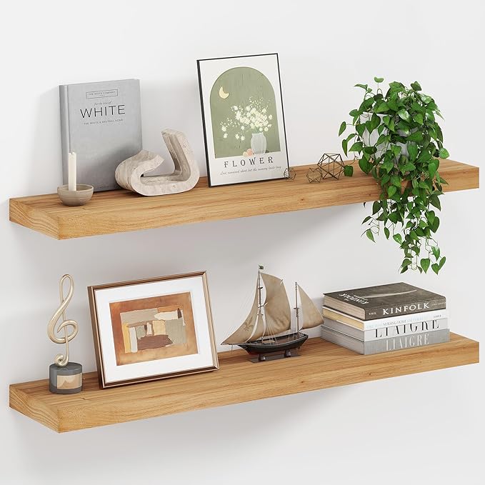 Floating Shelves, Deep USA-Sourced Rustic Elm Wood Wall Shelves for Storage, 8 Inch Deep Wall Mounted Display Shelving with I