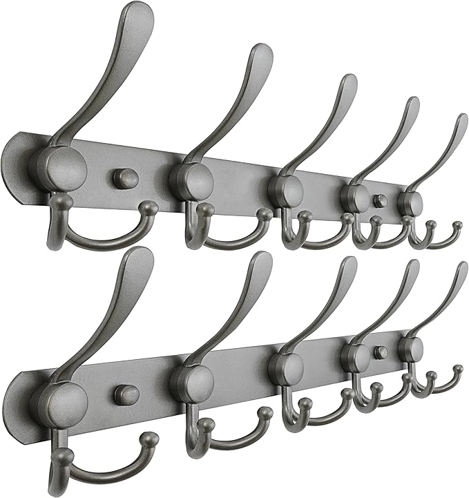 Dseap Coat Rack Wall Mounted - 5 Tri Hooks, Heavy Duty, Stainless Steel, Metal Coat Hook Rail for Coat Hat Towel Purse Robes 