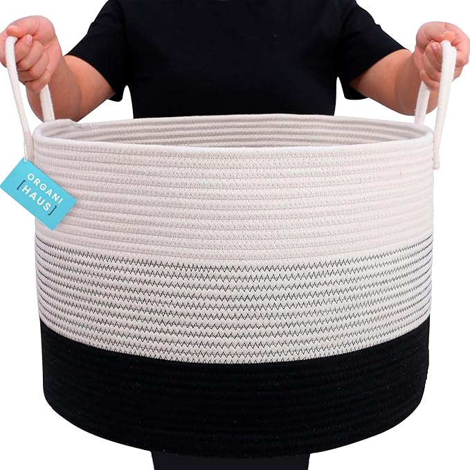 OrganiHaus Large Woven Storage Basket for Blankets and Toys 20" x 13" Inch, Rope Laundry Basket with Handles, Cushions & Pill