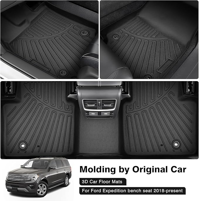 Powerty Floor Mats for 2018-2024 Ford Expedition (Fit for 2nd Row Bench Seat/ 8 Seaters) Accessories All Weather Floor Liner 3D TPE 1st & 2nd Row Floor Mat Heavy-Duty Floor Liners