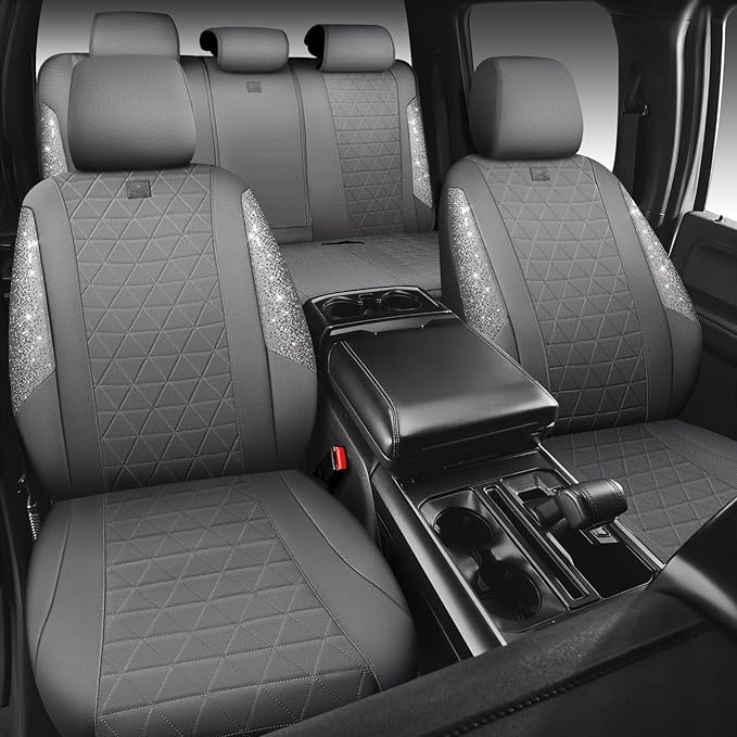 CAR PASS Gray Oxford Bling Diamond Car Seat Covers Full Set Interior Sets, Waterproof Shining Glitter Sparkly Crystal Univers