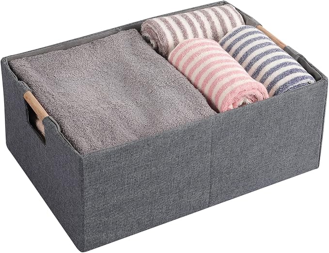 Fabric Storage Bin Box Foldable Collapsible Storage Basket with Wooden Handles Rectangular Cube Decorative Home Nursery Organ