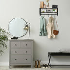 BizChair Wall Mounted Storage Rack - Blackwashed Solid Pine Wood - 24 Inch - Upper Shelf - 5 Hooks - Wire Baskets - For Entry