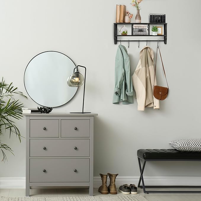 BizChair Wall Mounted Storage Rack - Blackwashed Solid Pine Wood - 24 Inch - Upper Shelf - 5 Hooks - Wire Baskets - For Entry