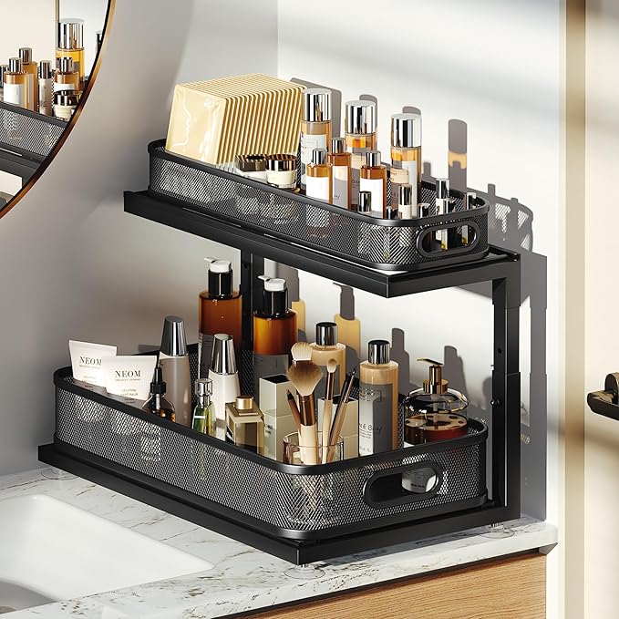 2-Pack 18.5 IN Depth Under Sink Organizer With Next-Gen Ball-Bearing Slides,Sophisticated Mesh 2-Tier Pull Out Shelf for Kitc